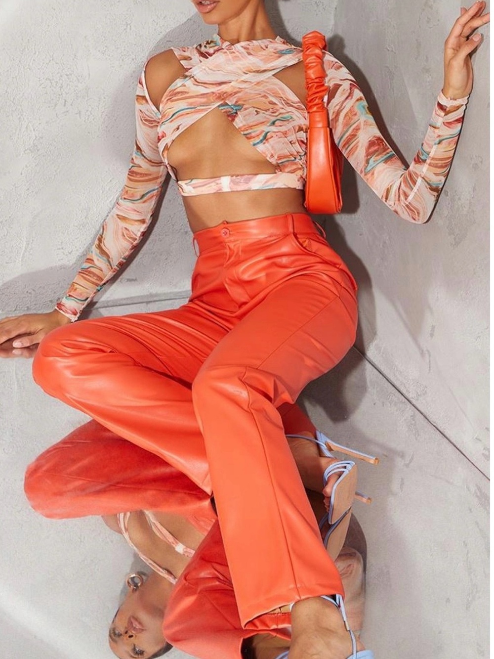PrettyLittleThing Orange Faux Leather Boot-Cut Trousers